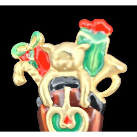 Vintage Christmas Cowboy Boot Brooch Pin Cat & Gifts Gold-Tone Enamel 2" - Picture 2 of 5